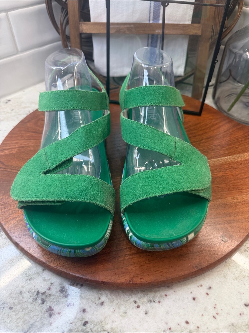 Alegria Green Suede Crisscross Strap Sandals